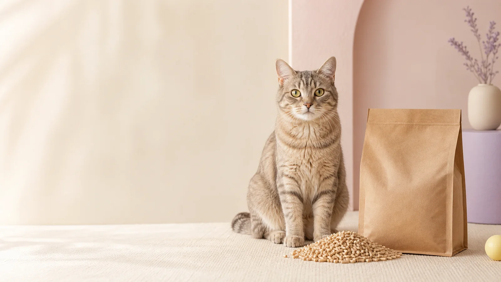 Gato junto a una bolsa de pellets naturales